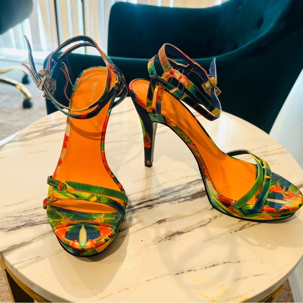 Nine West Printed Satin Platform High Heels Size 6.5M Double Ankle Straps